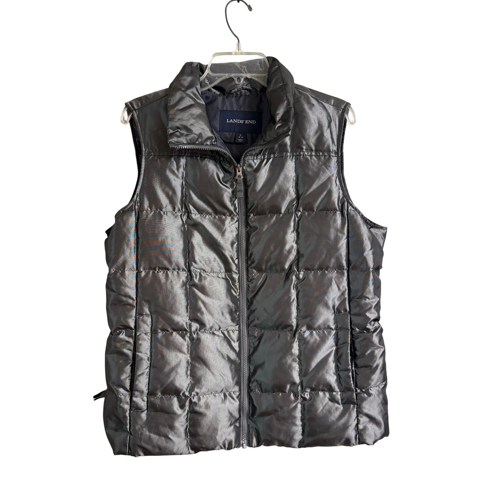 Lands' End Metallic Pewter Down‎ Puffer Vest Gunmetal Silver Quilt Women L 14 16